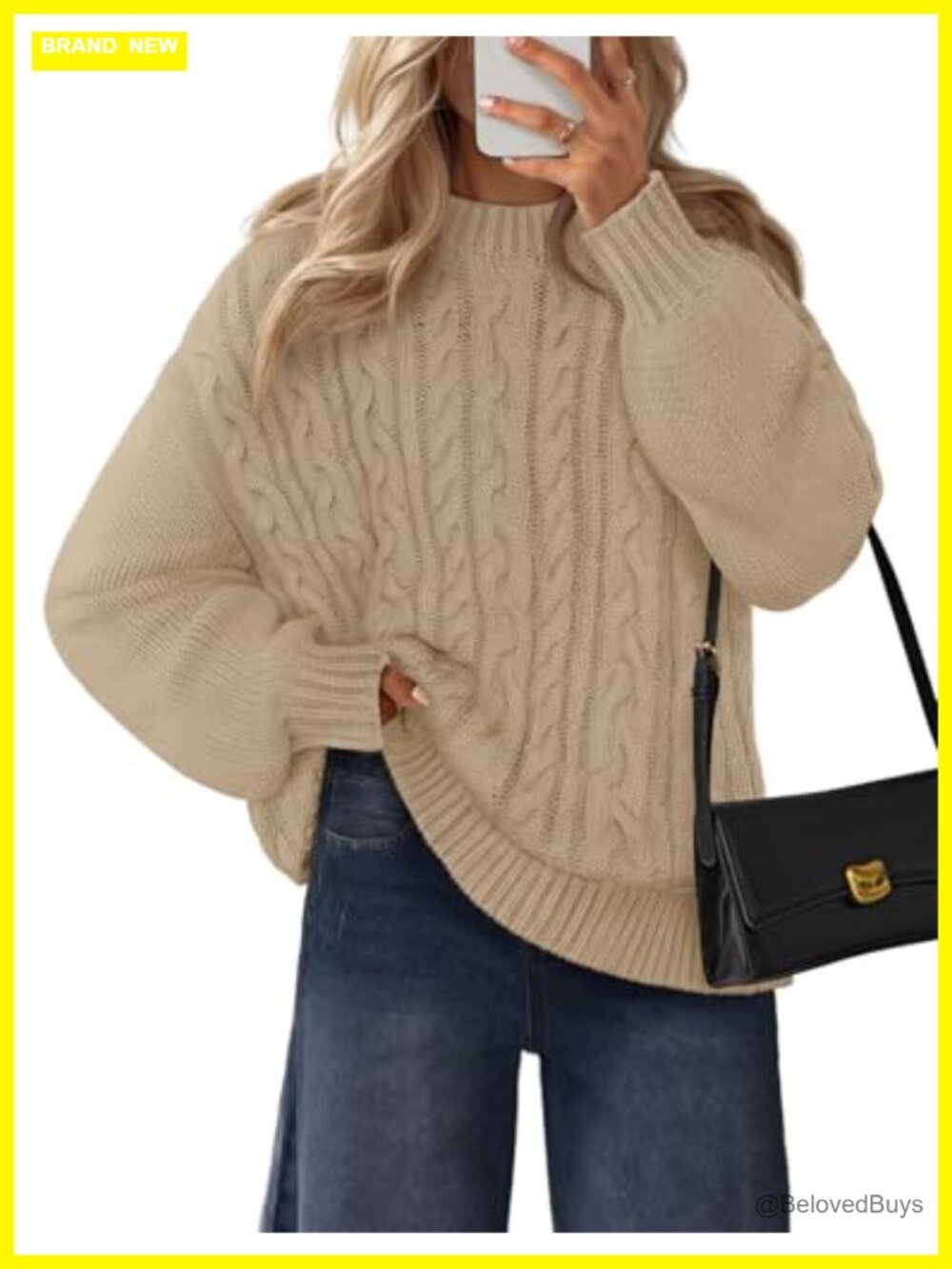 Women's Chunky Cable Knit Pullover Sweater Long Lantern Sleeve Crewneck Loose